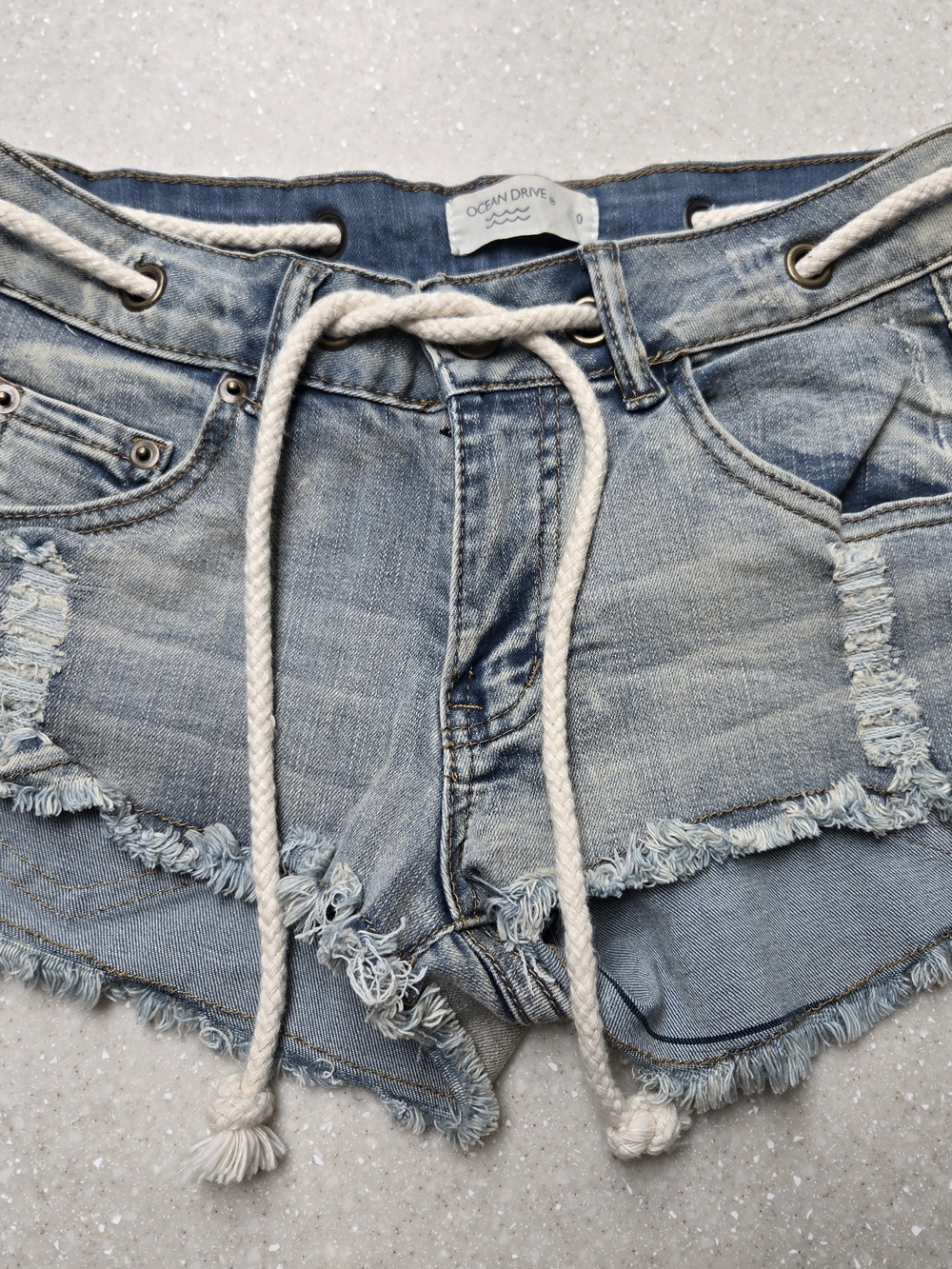 Ocean Drive Faded Blue Distressed Denim Shorts with Rope Tie-Size 0